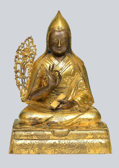 A Rare Gilt Bronze Figurine of The First Dalai Lama Gedun Drupa, Tibet, 17-18th Century.