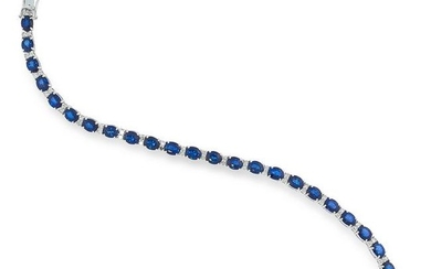 A SAPPHIRE AND DIAMOND LINE BRACELET set with oval cut