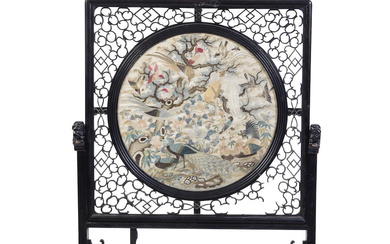 A SILK EMBROIDERED 'HUNDRED BIRDS' PANEL-INSET HONGMU TABLE SCREEN 19th...