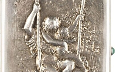 A SILVER CIGARETTE CASE WITH A COUPLE ON A SWING