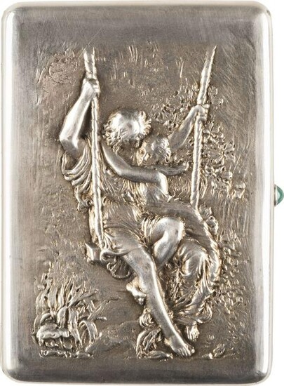 A SILVER CIGARETTE CASE WITH A COUPLE ON A SWING