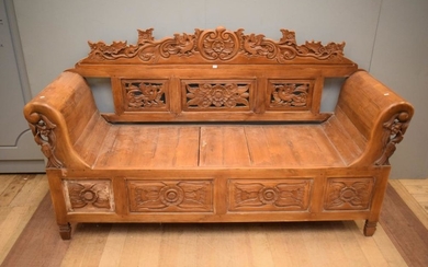 A SUBSTANTIAL CARVED BENCH SEAT WITH DOWRY CHEST (117H x 205W x 61D CM)