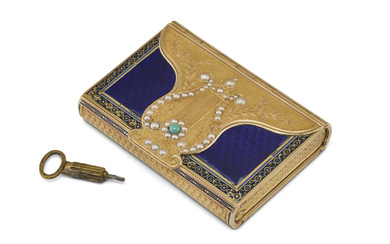 A SWISS JEWELED AND ENAMELED GOLD MUSICAL SNUFF-BOX THE CASE...