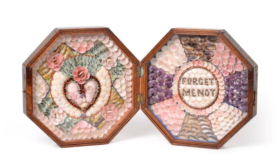 A Sailor's Shellwork Double Valentine, circa 1860, worked in coloured shells with a heart and...