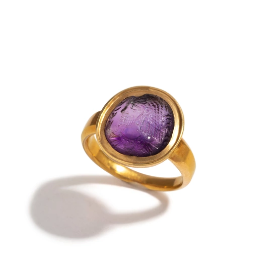 A Sasanian Amethyst Ring Stone with a Royal Portrait and Pahlavi Inscription