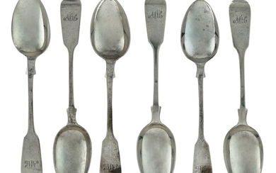A Selection of Silver Spoons One fiddle pattern serving/soup spoon, hallmarked for London 1856,...