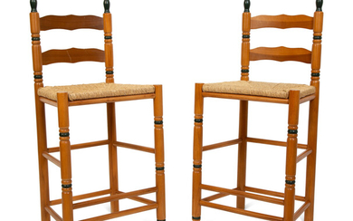 A Set of Four Painted Ladder Back Rush Seat Bar Stools