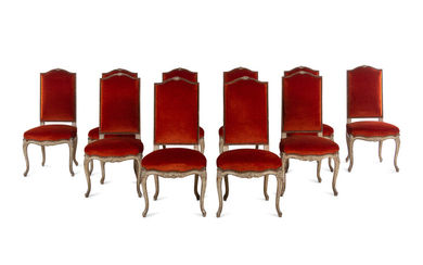 A Set of Ten Louis XV Style Painted Oak Dining Chairs with Velvet Upholstery