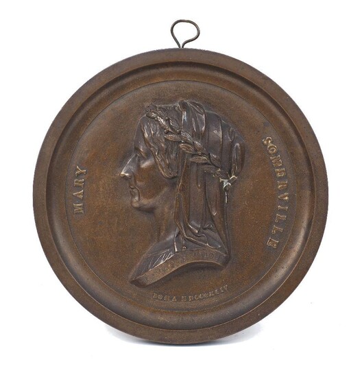 A Victorian bronze plaque of Mary Sommerville, dated 1844, Roma, by L.Macdonald, 22cm diameter