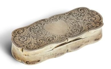 A Victorian silver snuff box, Birmingham, 1896, John Gilbert, of shaped oval form, the base and lid decorated with foliate scroll chasing, vacant cartouche to lid, 3.8 x 9.1cm, approx. weight 3.7oz