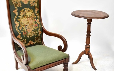 A William IV mahogany open arm nursing chair with tapestry...