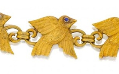 A bird design panel bracelet, composed of five panels each modelled as a flying bird and each set alternately with a diamond, emerald, ruby, sapphire or diamond eye to ribbed connecting links, length 17.5cm