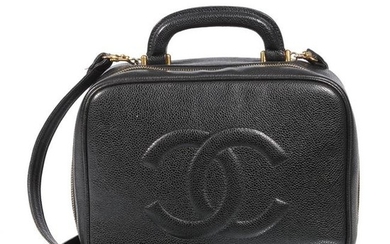 A black leather bag with strap, Chanel, Vanity