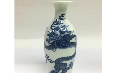 A blue and white vase decorated with a dragon and six charac...