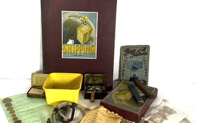 A box of ephemera, including a group of coins, vintage razers, loose stamps and related (a lot)