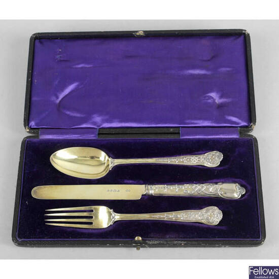 A cased Victorian silver gilt christening set.