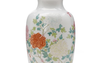 A chinese enamelled porcelain baluster vase painted with peonies and butterflies, seal...