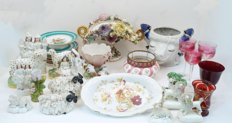 A collection of ceramics and glassware, 19th century and later, to include: a pair of Staffordshire Dalmatians, each modelled standing with a brocade support atop a green and yellow glazed base, one with brown patches, each approximately 15.5cm...