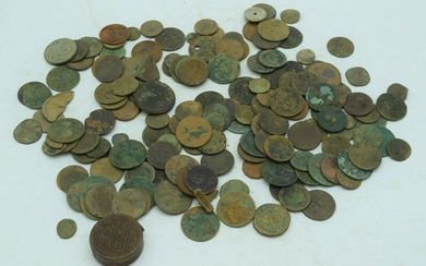 A collection of metal detector finds mostly coins