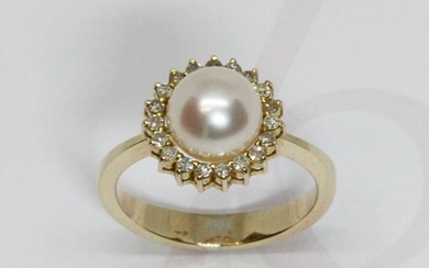 A cultured pearl and diamond cluster ring, the full pearl me...
