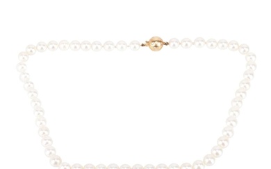 A cultured pearl necklace with diamond-set clasp, comprising...