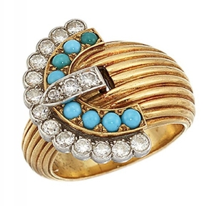 A diamond and turquoise buckle ring, with...