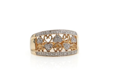 A diamond ring set with numerous single-cut diamonds, mounted in 14k gold...