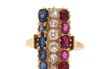 A diamond, ruby and sapphire ring set with six old-cut diamonds and five oval-cut rubies and sapphires, mounted in 18k rose gold. Size 53.