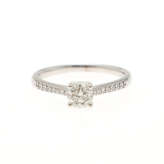A diamond solitaire ring set with a brilliant-cut diamond flanked by numerous diamonds weighing a total of app. 0.57 ct., mounted in 14k white gold. Size 54.