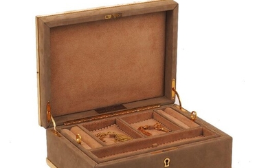 A gilt and suede jewellery case, by Asprey, of rectangular form with beige suede sides and hinged lid, the matching interior with additional tray, gilt fittings, signed Asprey, London, dimensions 24.5cm x 18.5cm x 9.5cm depth