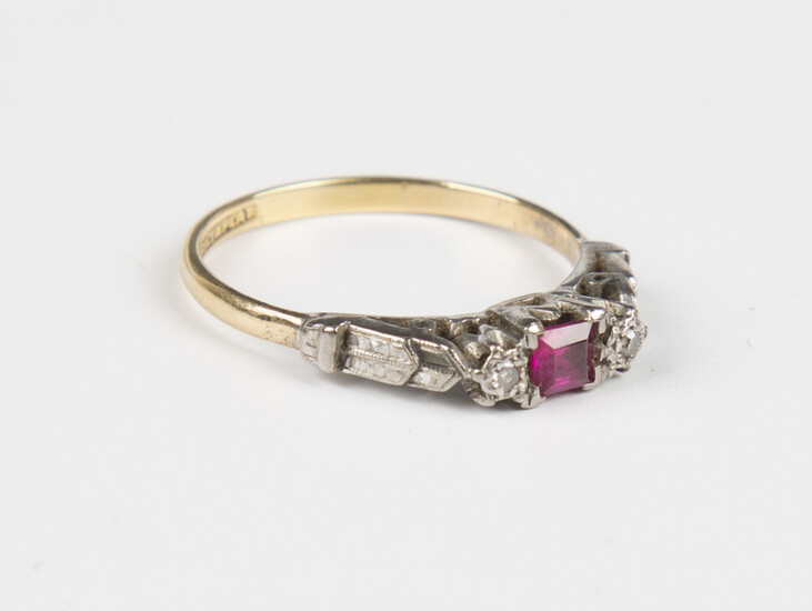 A gold, platinum, synthetic ruby and diamond three stone ring, mounted with a square cut synthetic r