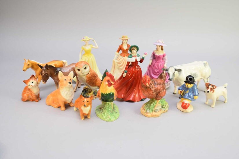 A group of Border Fine Arts and Beswick animals with Royal Doulton ladies