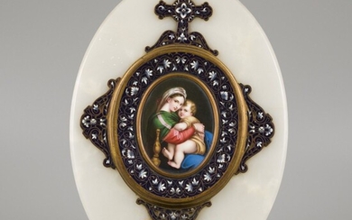A holy water font with a 'Limoges'-enamel decoration after Raphael Sanzio's "Madonna Della Sedia Tondo",...