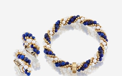 A lapis lazuli, cultured pearl, and eighteen karat gold bracelet with similar ear clips