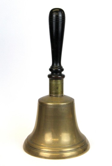 A large 19th Century bronze school bell, H. 36cm.
