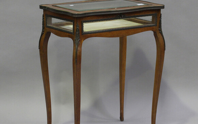 A late 19th century French rosewood bijouterie table with foliate inlaid decoration, the hinged top