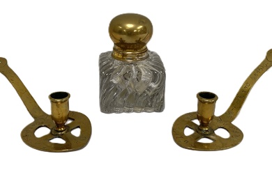 A late 19th century glass and silver plated square inkwell, with wavy pressed sides; together with
