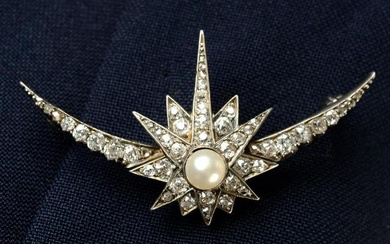 A late Victorian silver and gold pearl and diamond Northern star and crescent moon brooch.Estimated