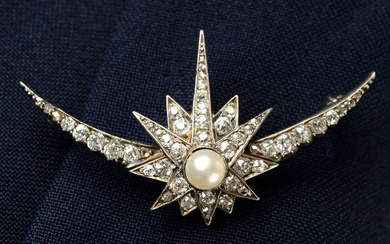 A late Victorian silver and gold pearl and diamond Northern star and crescent moon brooch.