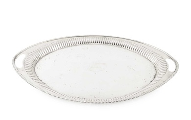 A late Victorian silver oval twin handled tray, with gadrooned...