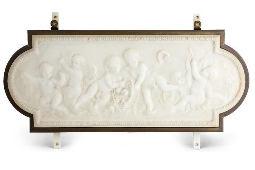 A marble relief plaque, c.1900, carved with playful putti with a basket of fruit and vines, within an egg and dart border, set in bronze frame, the plaque - 24cm high, 61cm wide