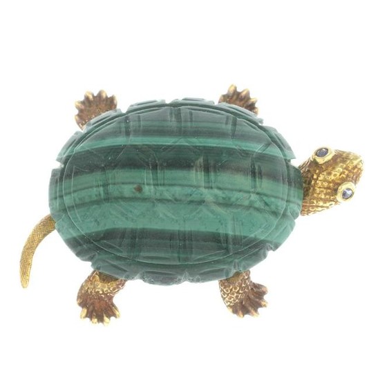 A mid 20th century gold malachite tortoise brooch, with