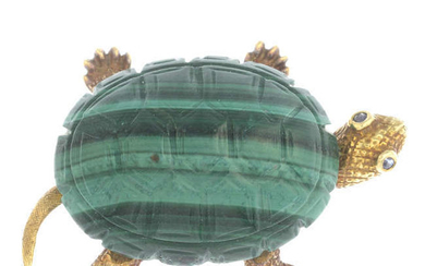 A mid 20th century gold malachite tortoise brooch.