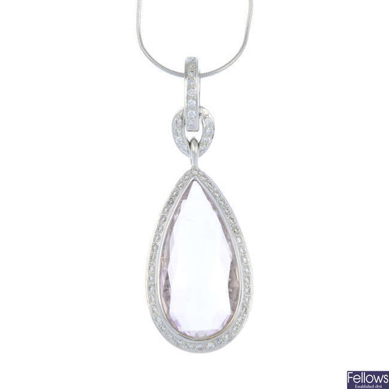 A morganite and brilliant-cut diamond pendant, with an 18ct gold chain.