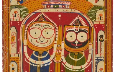 A painting and a polychromed wood cabinet of the Jagannatha Triad