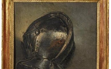 A painting of a coat helmet, signed "J. PAY" and dated