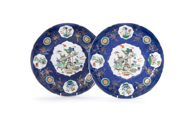 A pair of Chinese style powder blue Famille-Verte dishes