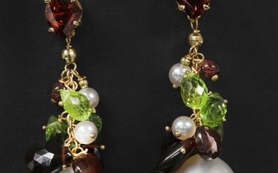 A pair of Continental gold tourmaline, peridot and cultured pearl drop earrings
