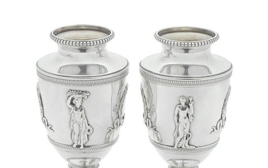 A pair of French silver classical urn vases rubbed maker's mark 'A*H', Paris circa 1838 onwards,...