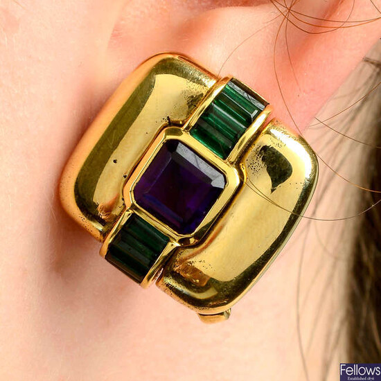 A pair of amethyst and green tourmaline earrings.